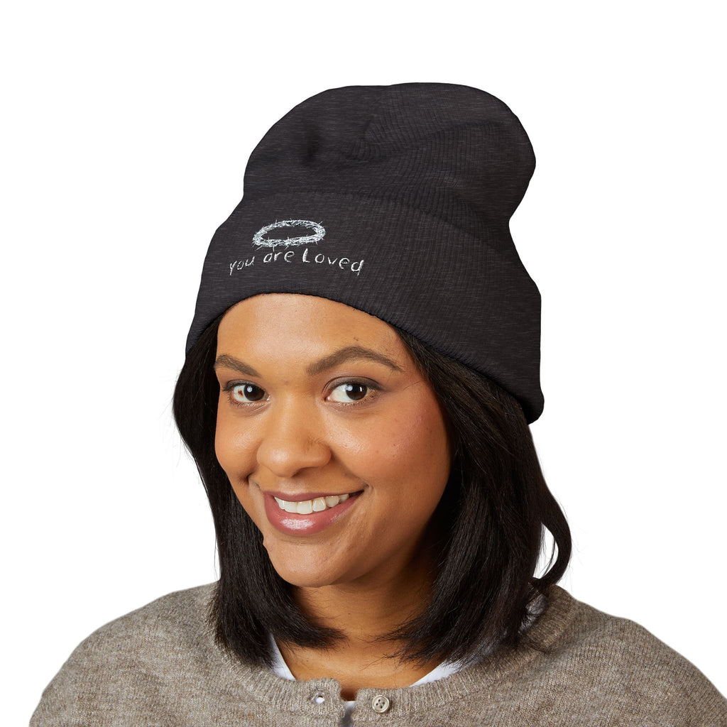 You Are Loved Embroidered Cuffed Beanie — Warm Knit Hat with Halo Design