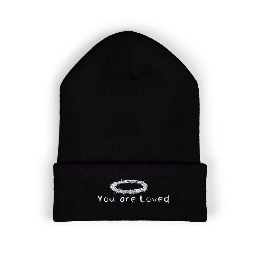 You Are Loved Embroidered Cuffed Beanie — Warm Knit Hat with Halo Design