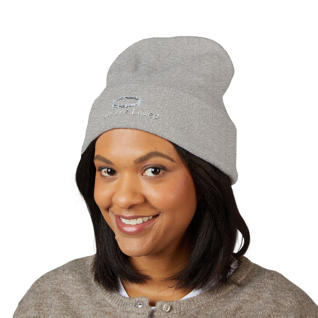 You Are Loved Embroidered Cuffed Beanie — Warm Knit Hat with Halo Design