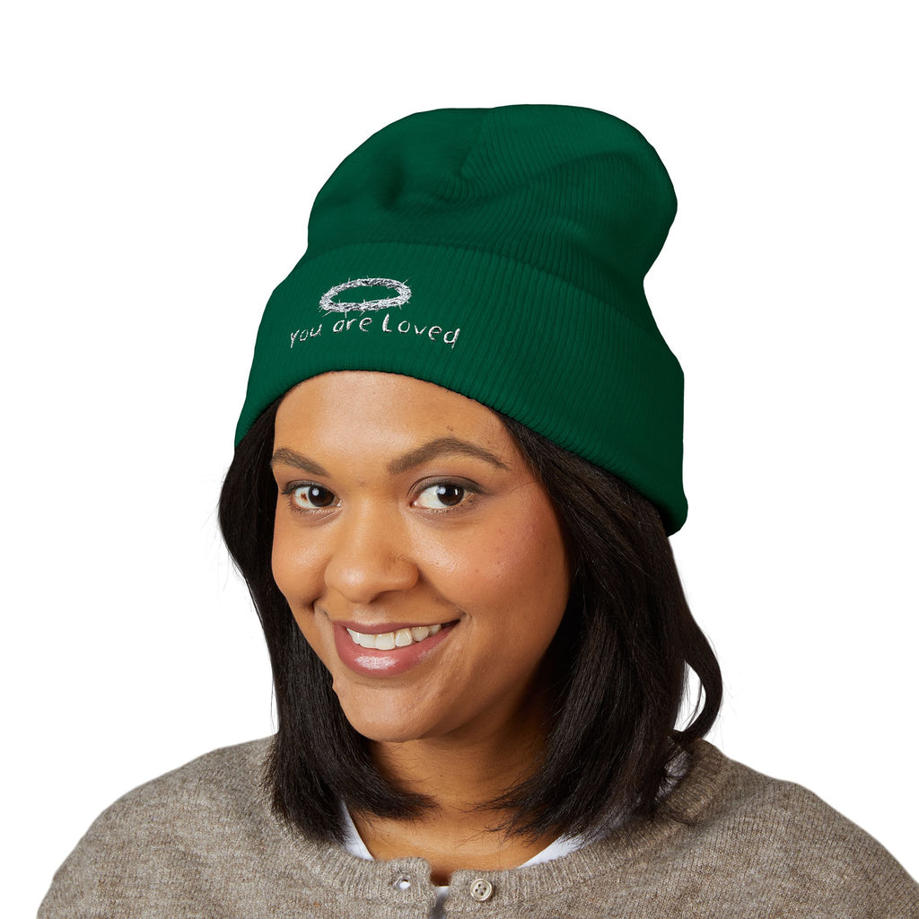 You Are Loved Embroidered Cuffed Beanie — Warm Knit Hat with Halo Design