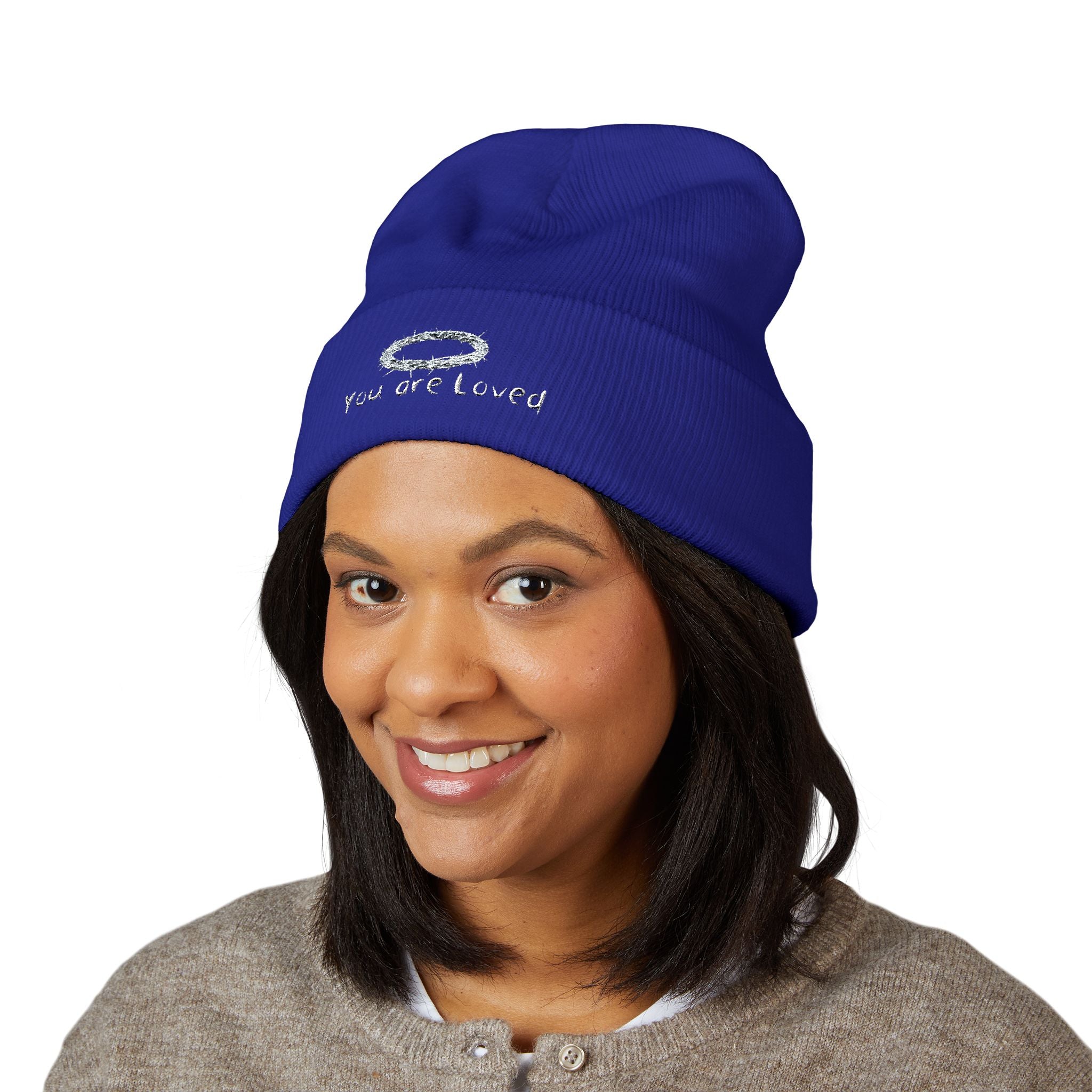You Are Loved Embroidered Cuffed Beanie — Warm Knit Hat with Halo Design
