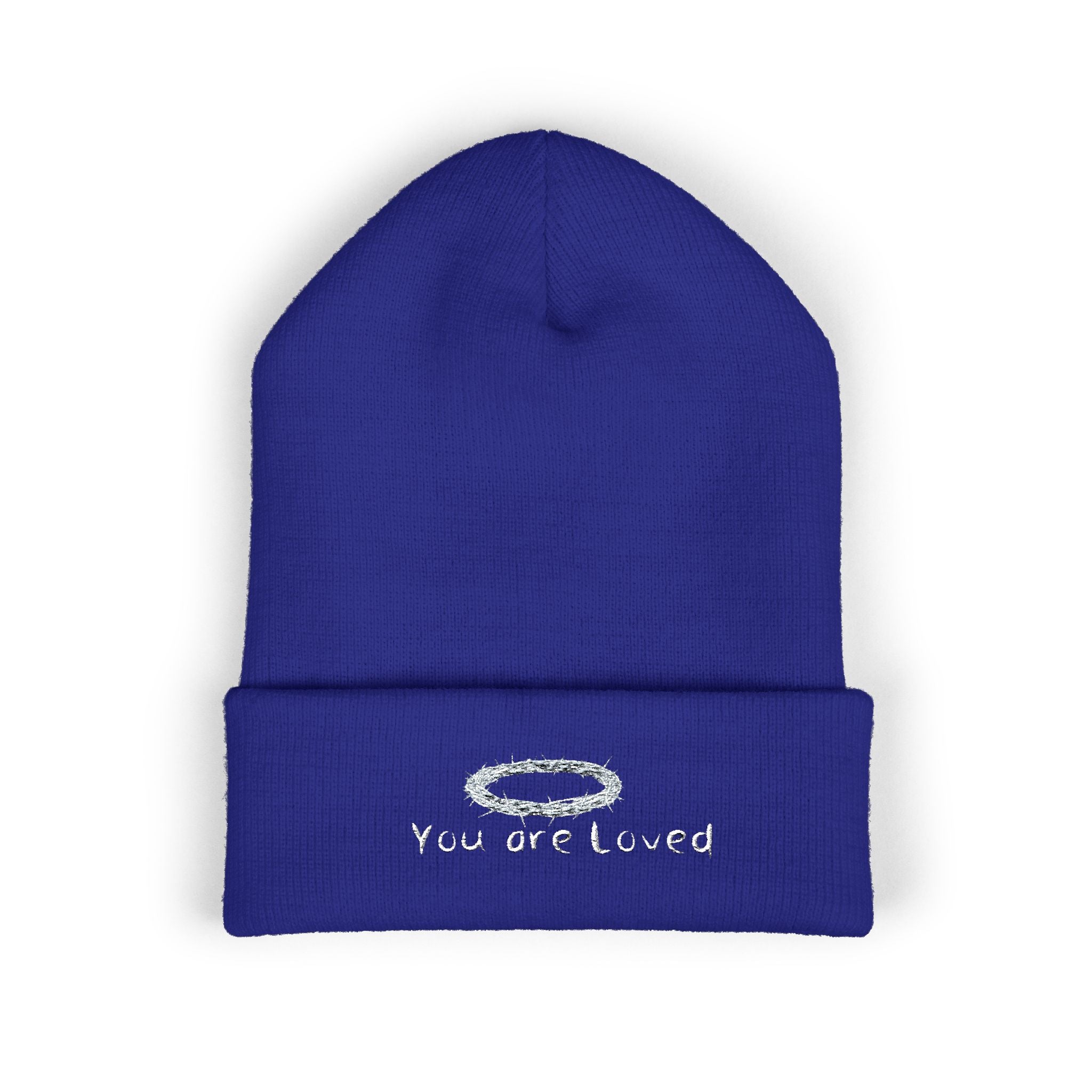 You Are Loved Embroidered Cuffed Beanie — Warm Knit Hat with Halo Design