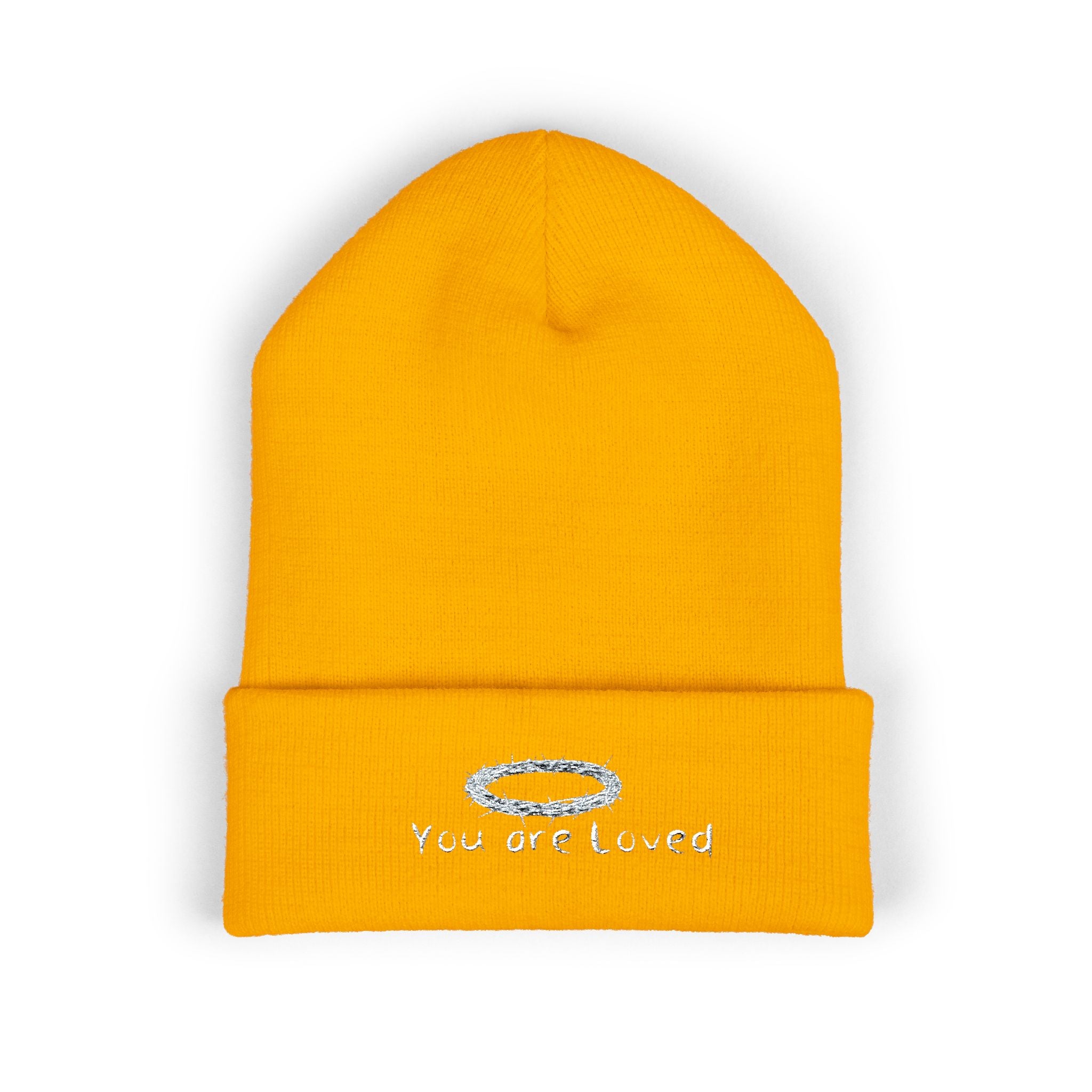 You Are Loved Embroidered Cuffed Beanie — Warm Knit Hat with Halo Design