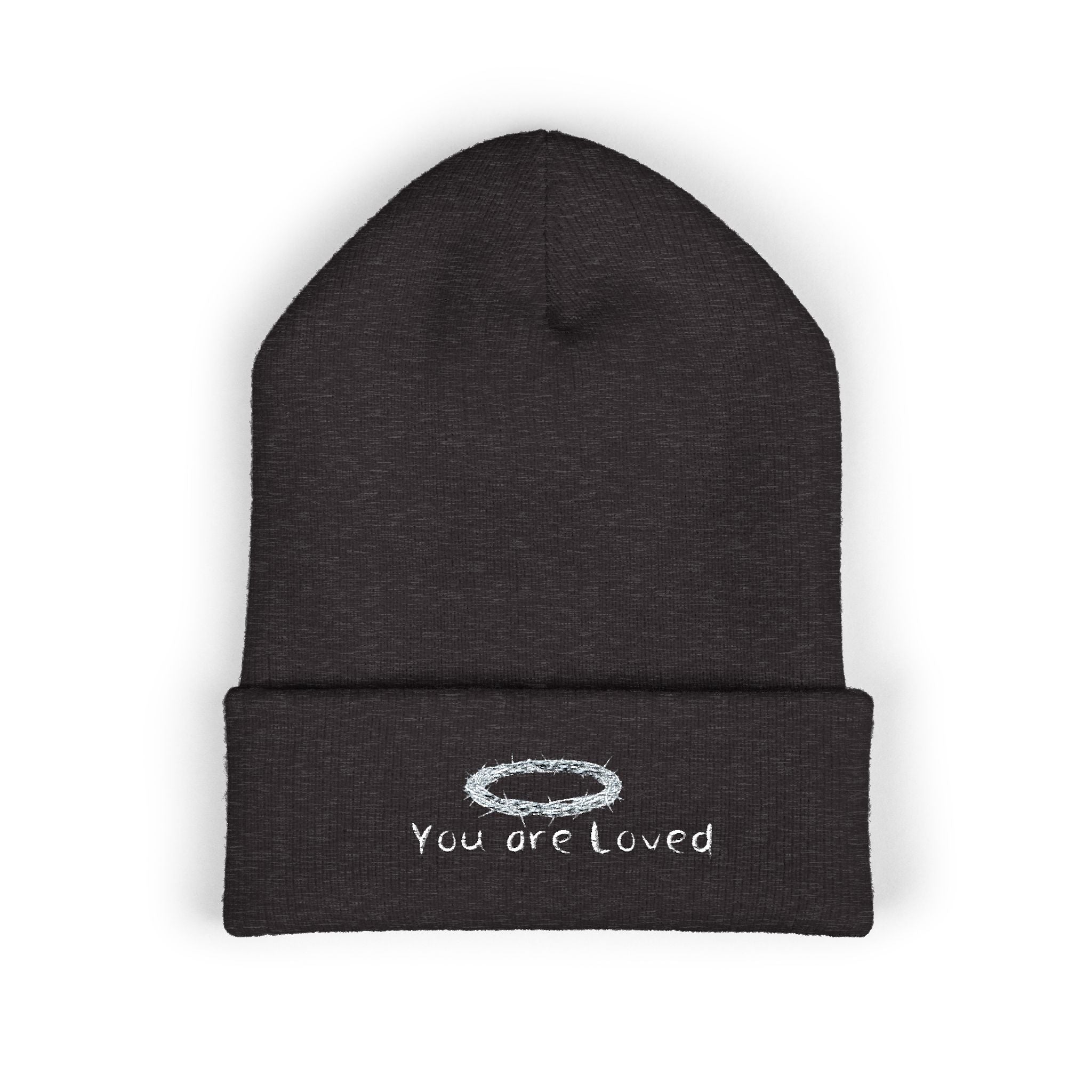 You Are Loved Embroidered Cuffed Beanie — Warm Knit Hat with Halo Design