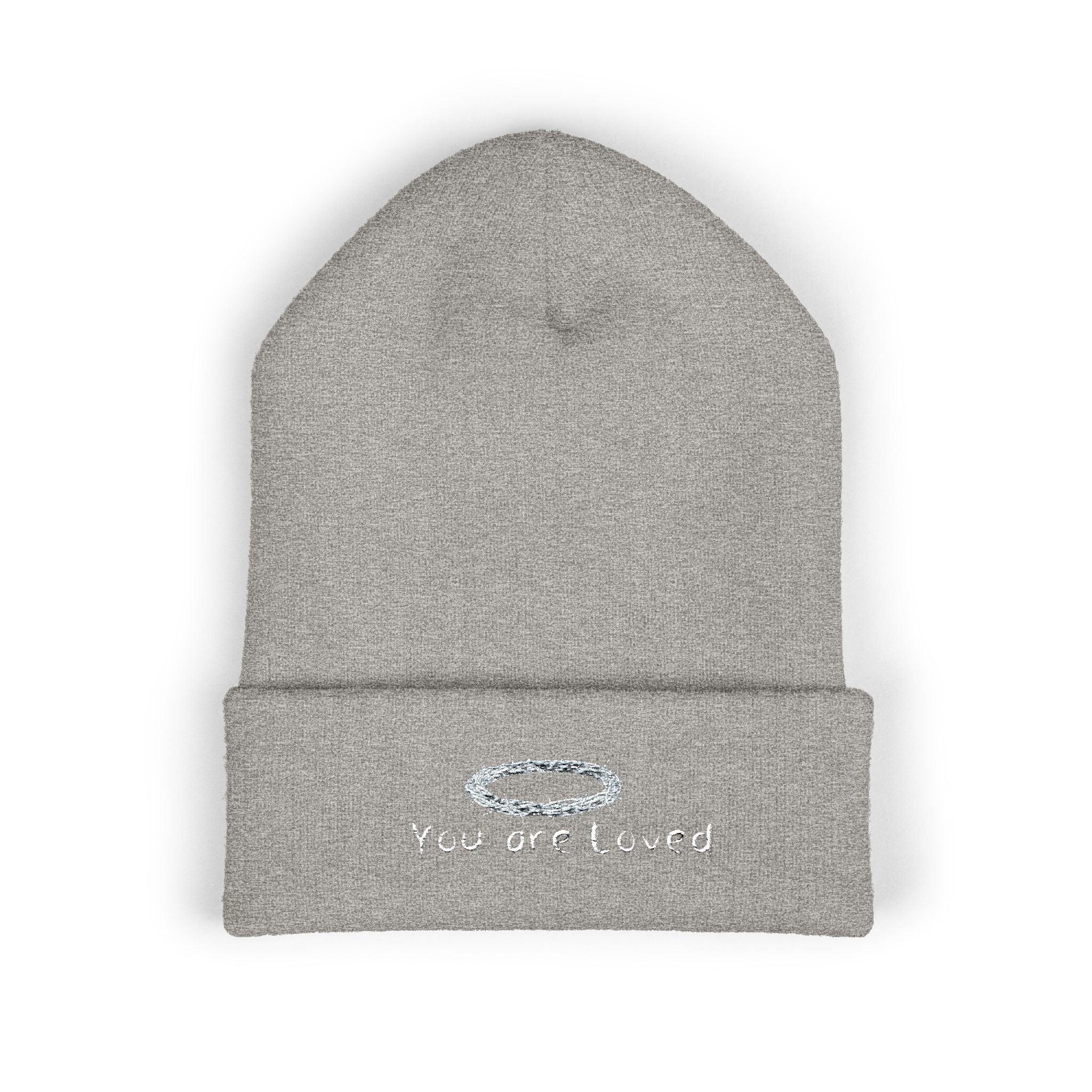 You Are Loved Embroidered Cuffed Beanie — Warm Knit Hat with Halo Design