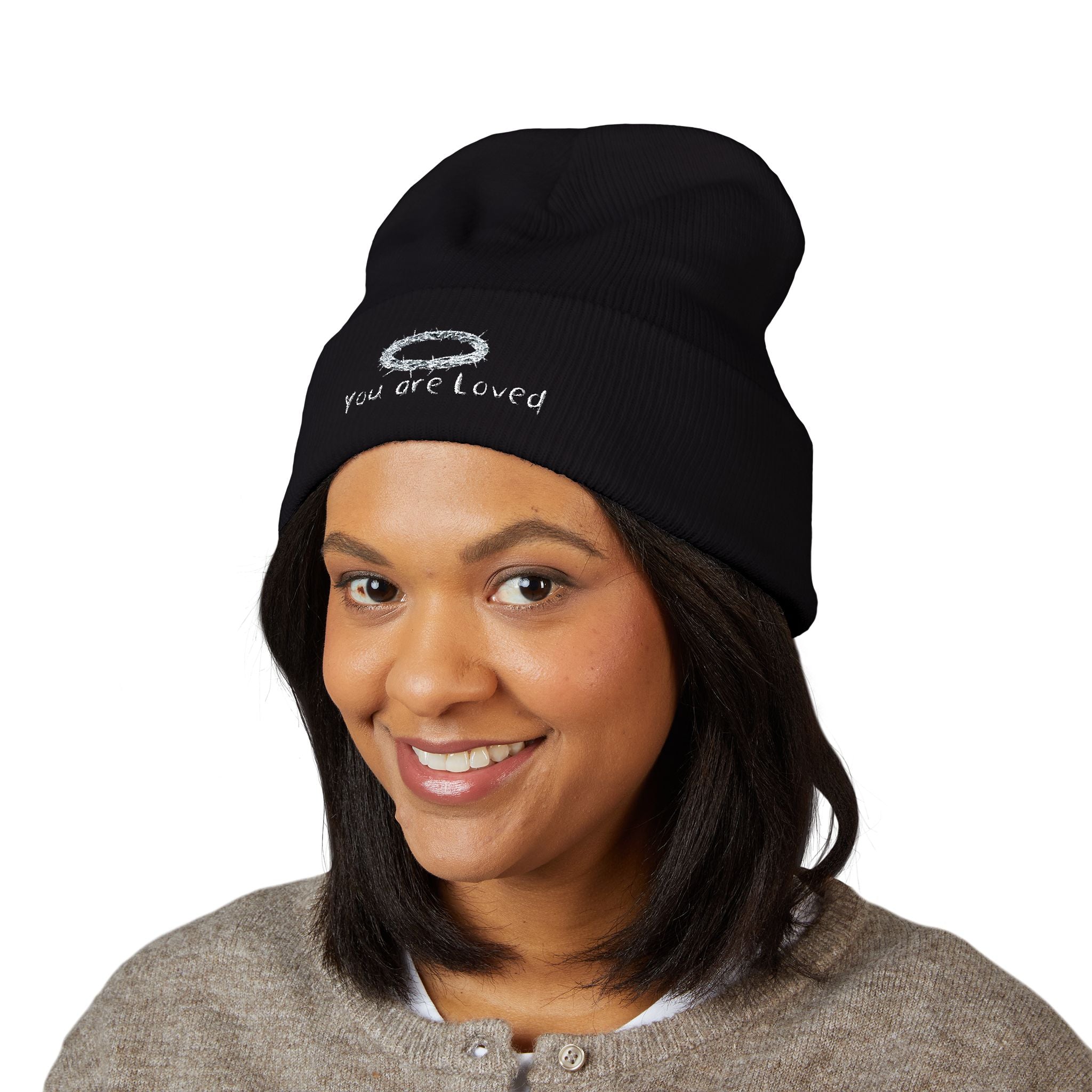 You Are Loved Embroidered Cuffed Beanie — Warm Knit Hat with Halo Design