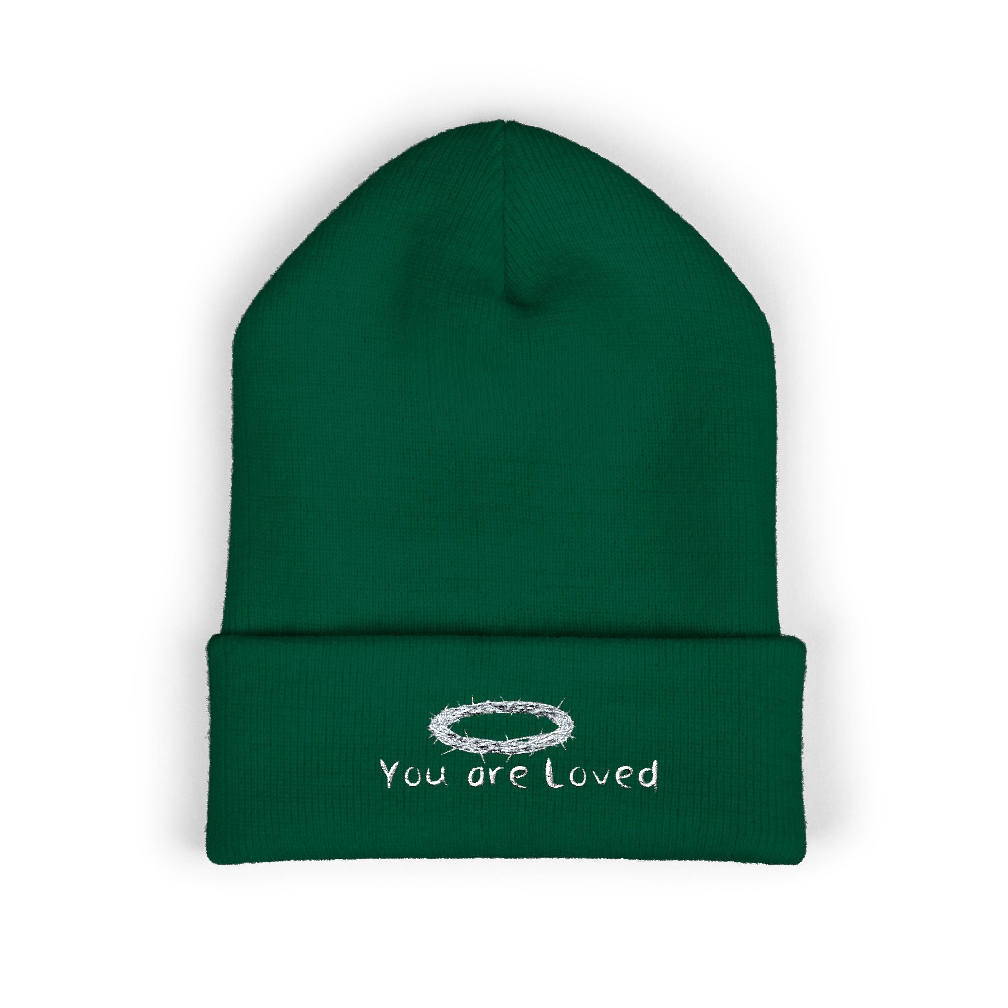 You Are Loved Embroidered Cuffed Beanie — Warm Knit Hat with Halo Design