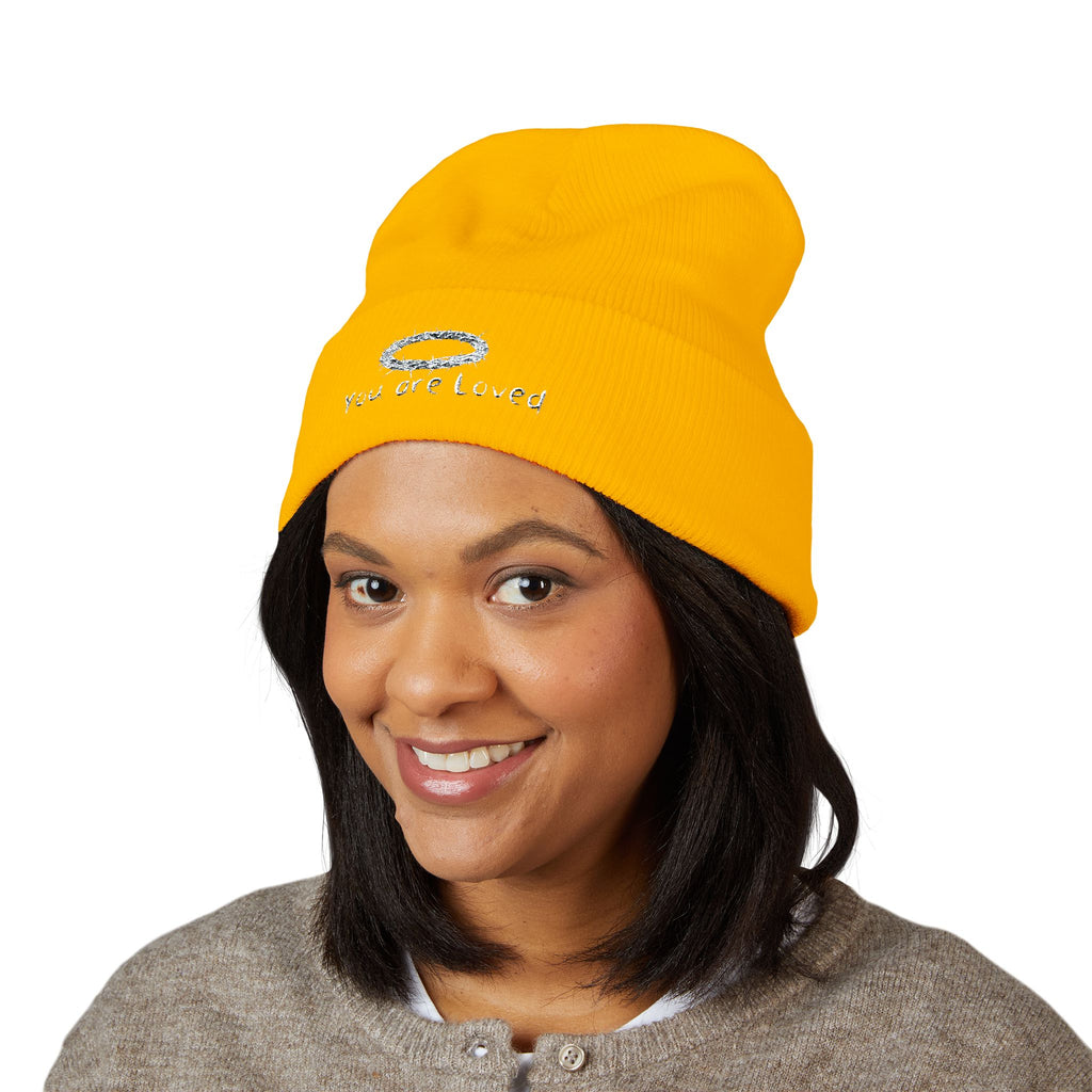 You Are Loved Embroidered Cuffed Beanie — Warm Knit Hat with Halo Design