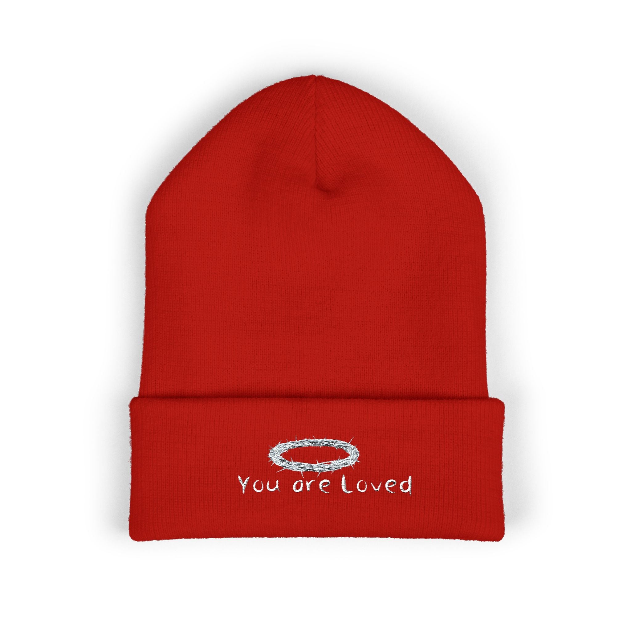 You Are Loved Embroidered Cuffed Beanie — Warm Knit Hat with Halo Design