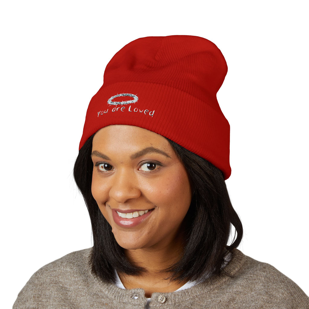 You Are Loved Embroidered Cuffed Beanie — Warm Knit Hat with Halo Design