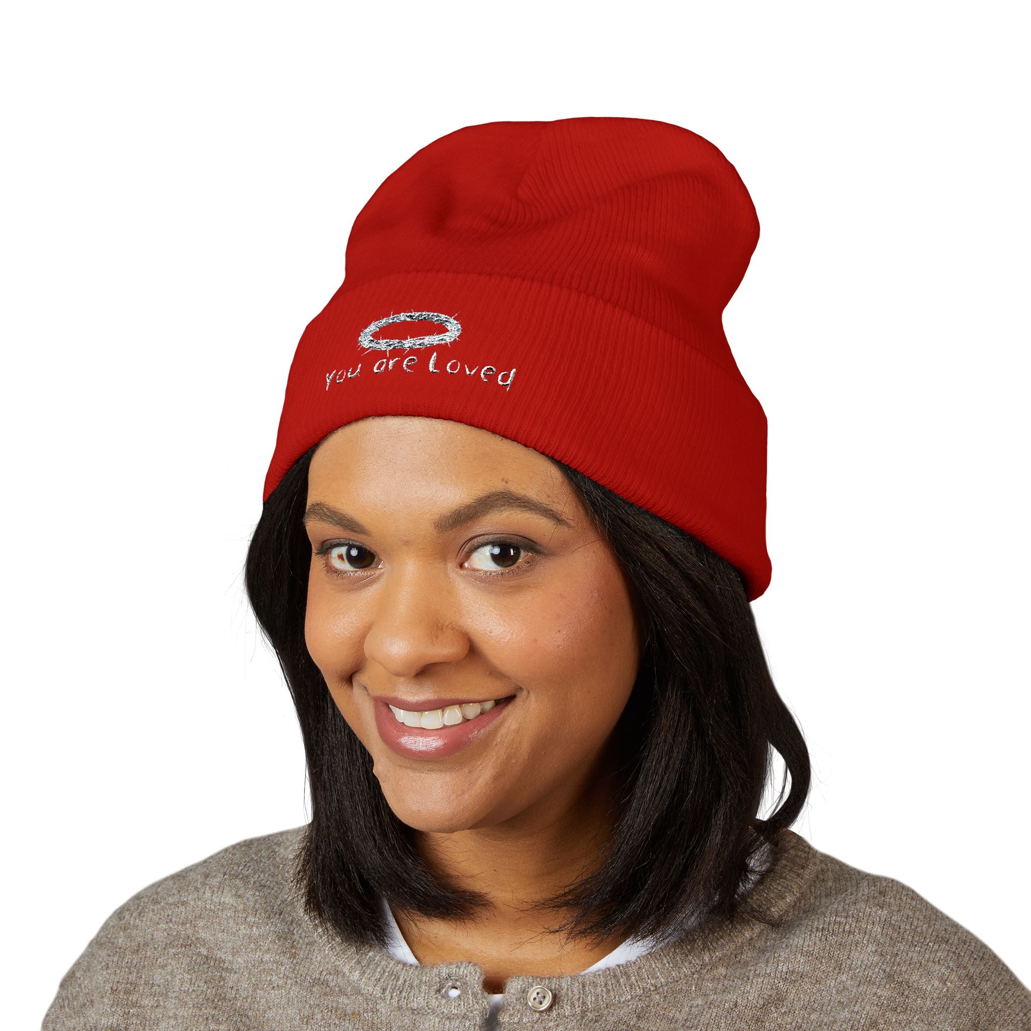 You Are Loved Embroidered Cuffed Beanie — Warm Knit Hat with Halo Design